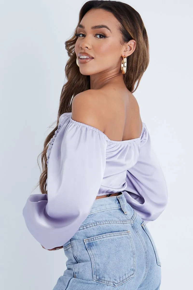 Lilac Off The Shoulder Front Ruching Crop Top - Maxie sold by Rebellious Fashion product image thumbnail 3