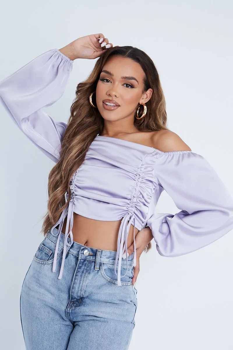 Lilac Off The Shoulder Front Ruching Crop Top - Maxie sold by Rebellious Fashion product image thumbnail 2