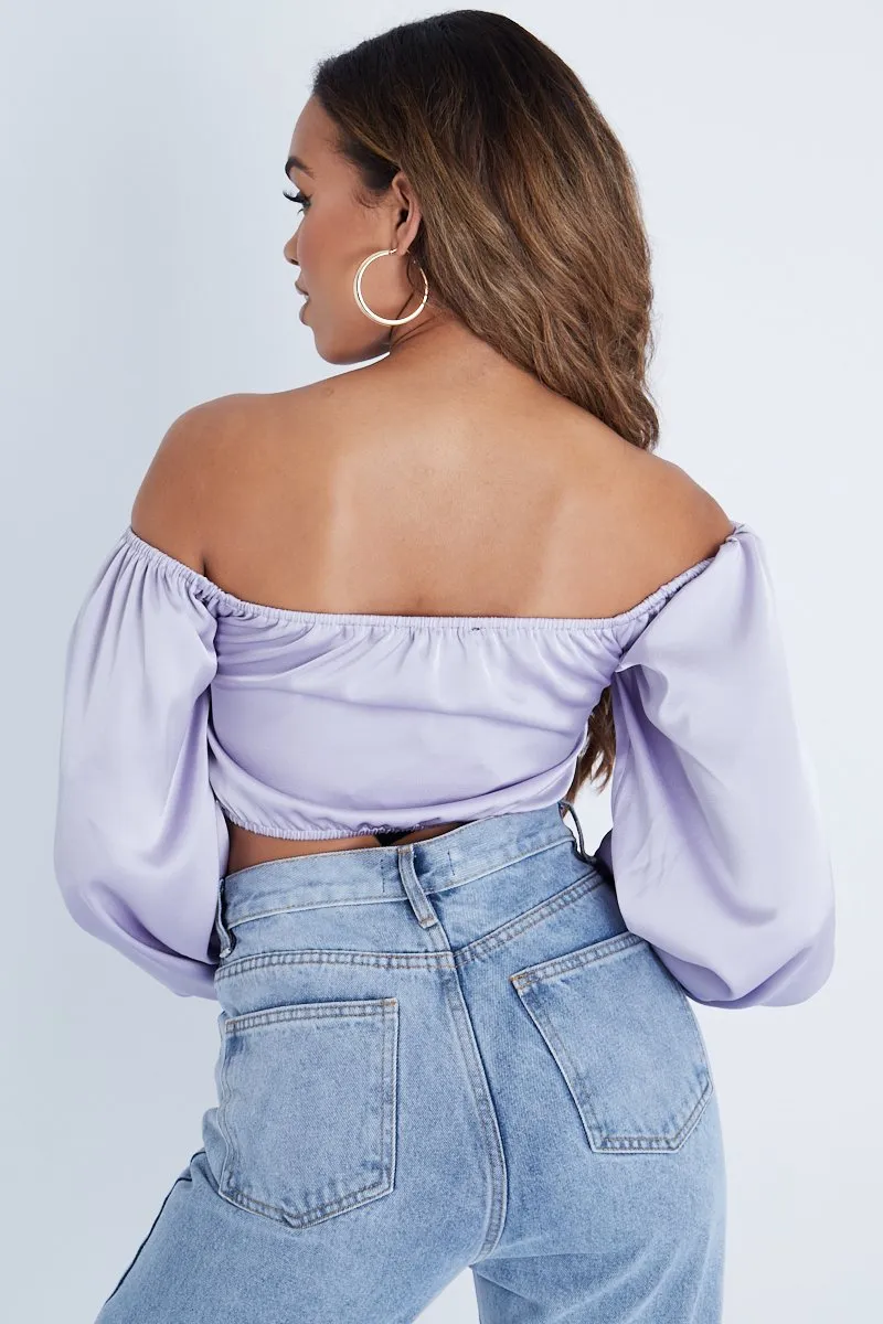 Lilac Off The Shoulder Front Ruching Crop Top - Maxie sold by Rebellious Fashion product image thumbnail 4