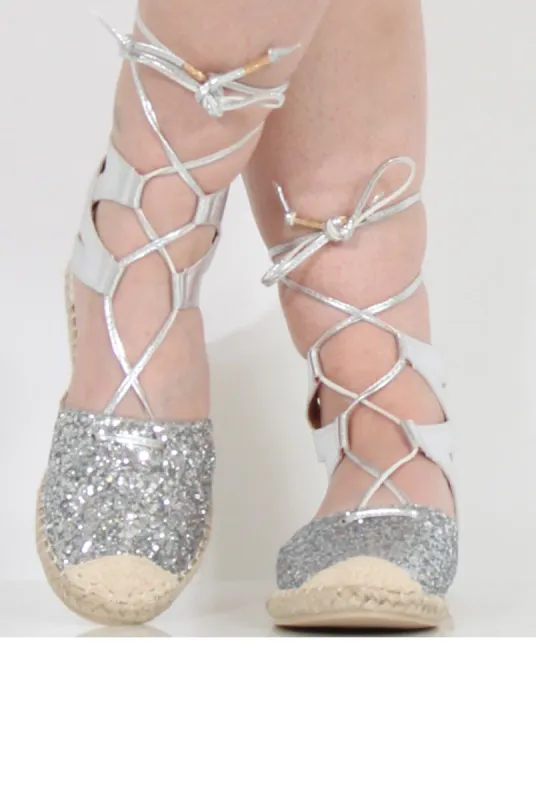 Silver Glitter Lace Up Espadrilles - Sahara sold by Rebellious Fashion