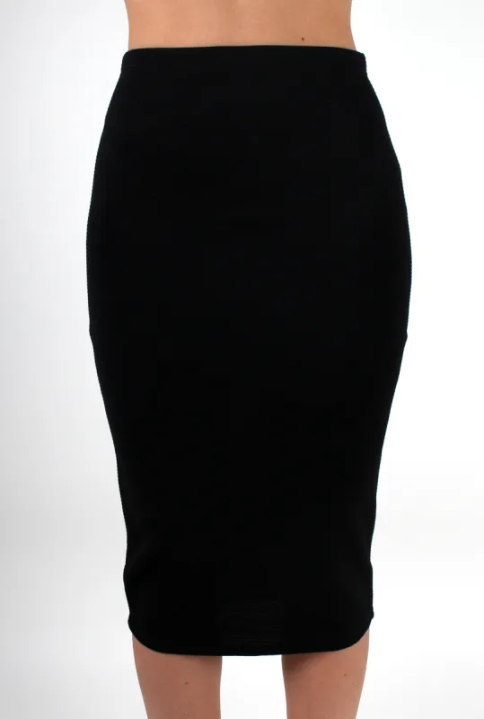 Shannon Black Textured Midi Skirt sold by Rebellious Fashion