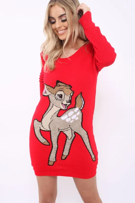 Red Festive Deer Cold Shouldered Jumper Dress - Catarina sold by Rebellious Fashion