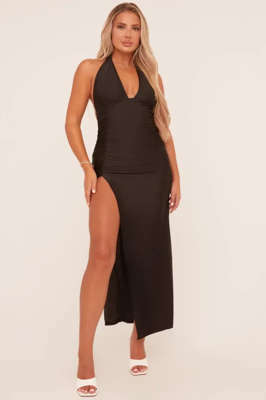 Black Halter Neck Front Slit Maxi Dress - Everlyn sold by Rebellious Fashion