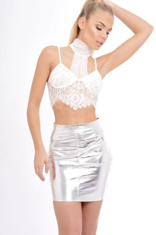 Silver Metallic PU skirt - Iris sold by Rebellious Fashion