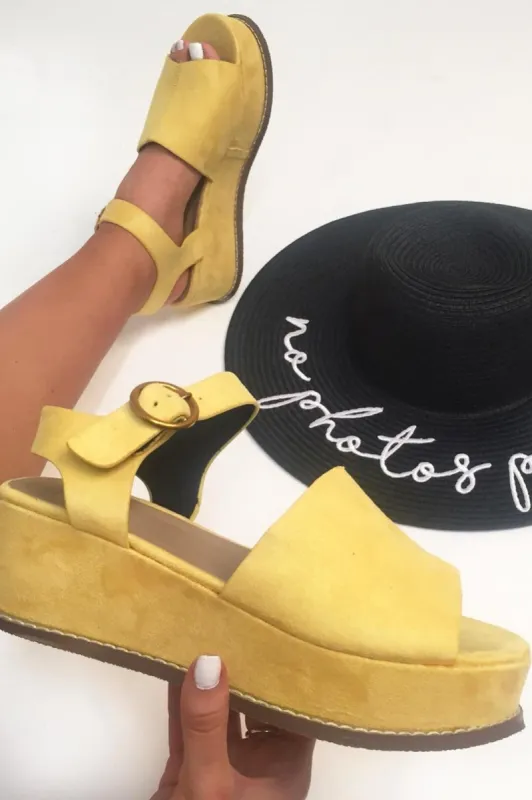 Yellow Faux Suede Peep Toe Flatforms - Bernetta sold by Rebellious Fashion