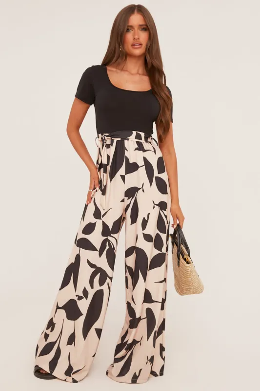 Beige Leaf Print Round Neck Jumpsuit - Lewis made by Rebellious Fashion