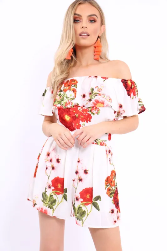 White Floral Bardot Playsuit with Frill Detail - Raine sold by Rebellious Fashion