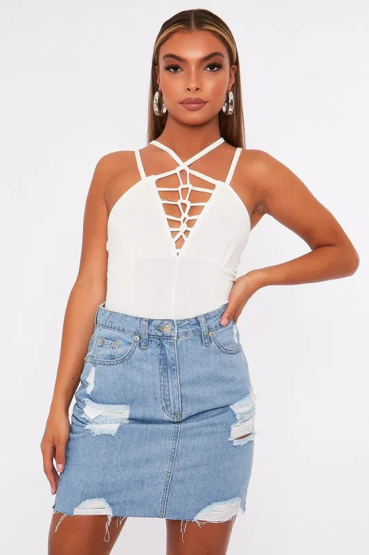 White Lace Up Front Bodysuit - Gea sold by Rebellious Fashion