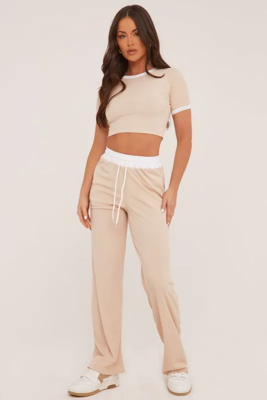 Stone Contrast Binding Cropped Top & Wide Leg Trousers Co-ord Set - Kloni sold by Rebellious Fashion
