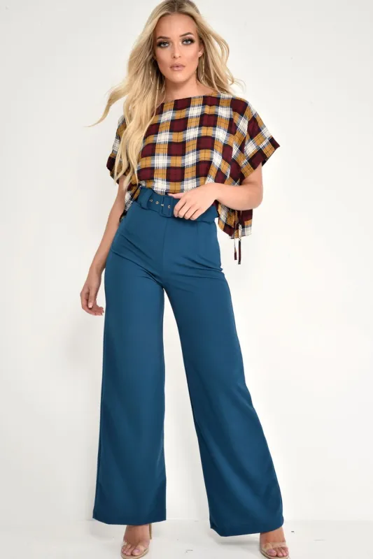 Teal Tailored Wide Leg Belted Trousers - Chenelle sold by Rebellious Fashion