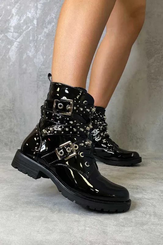 Black Patent Buckle Stud Strap Biker Boots - Saina sold by Rebellious Fashion