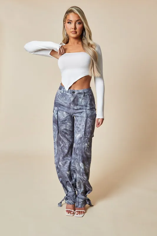 Grey Abstract Print Tie Hem Cargo Trousers - Fern made by Rebellious Fashion