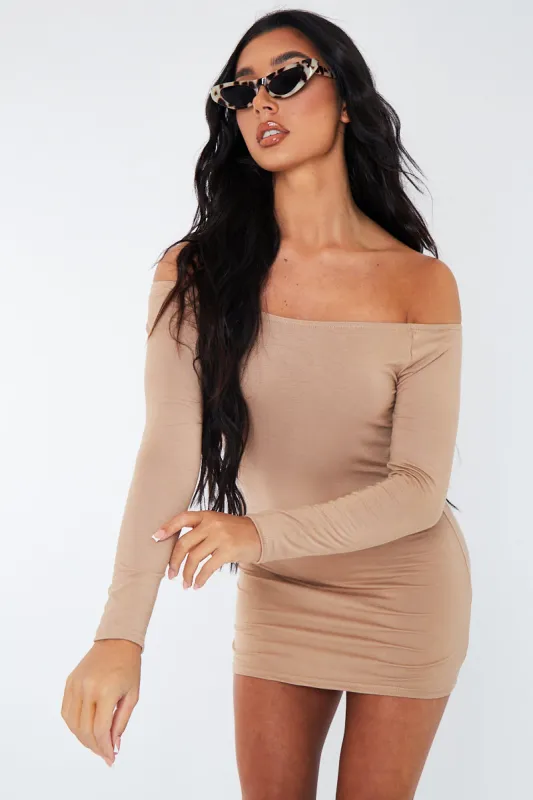 Stone Bardot Jersey Mini Dress - Alayna sold by Rebellious Fashion