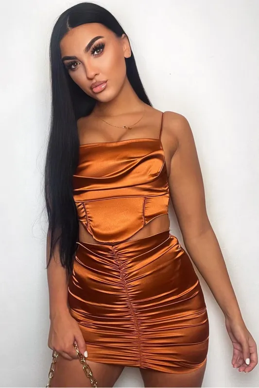 Rust Cowl Neck Satin Corset Top - Skylar made by Rebellious Fashion