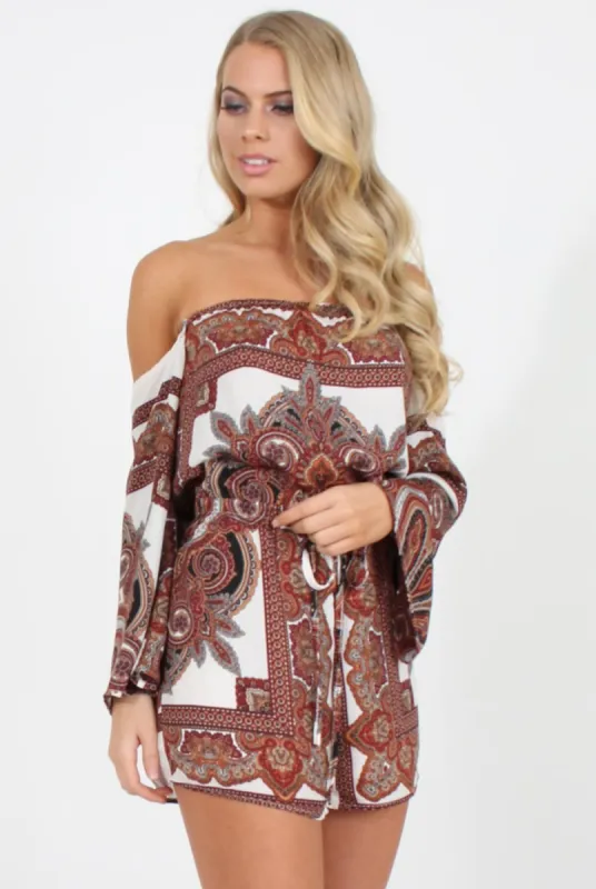 White & Burgundy Paisley off the Shoulder Playsuit - Chelsey sold by Rebellious Fashion