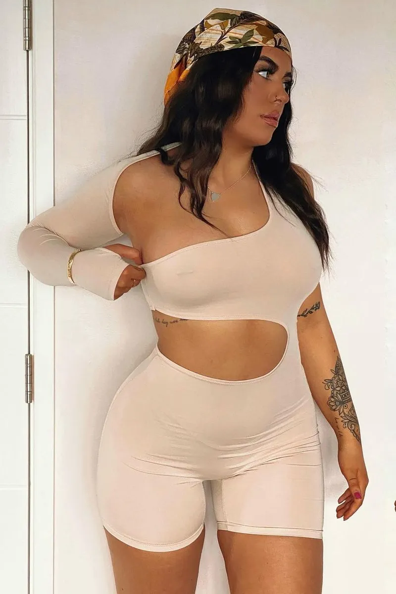 Beige Cut Out One Sleeve Playsuit - River sold by Rebellious Fashion product image thumbnail 5