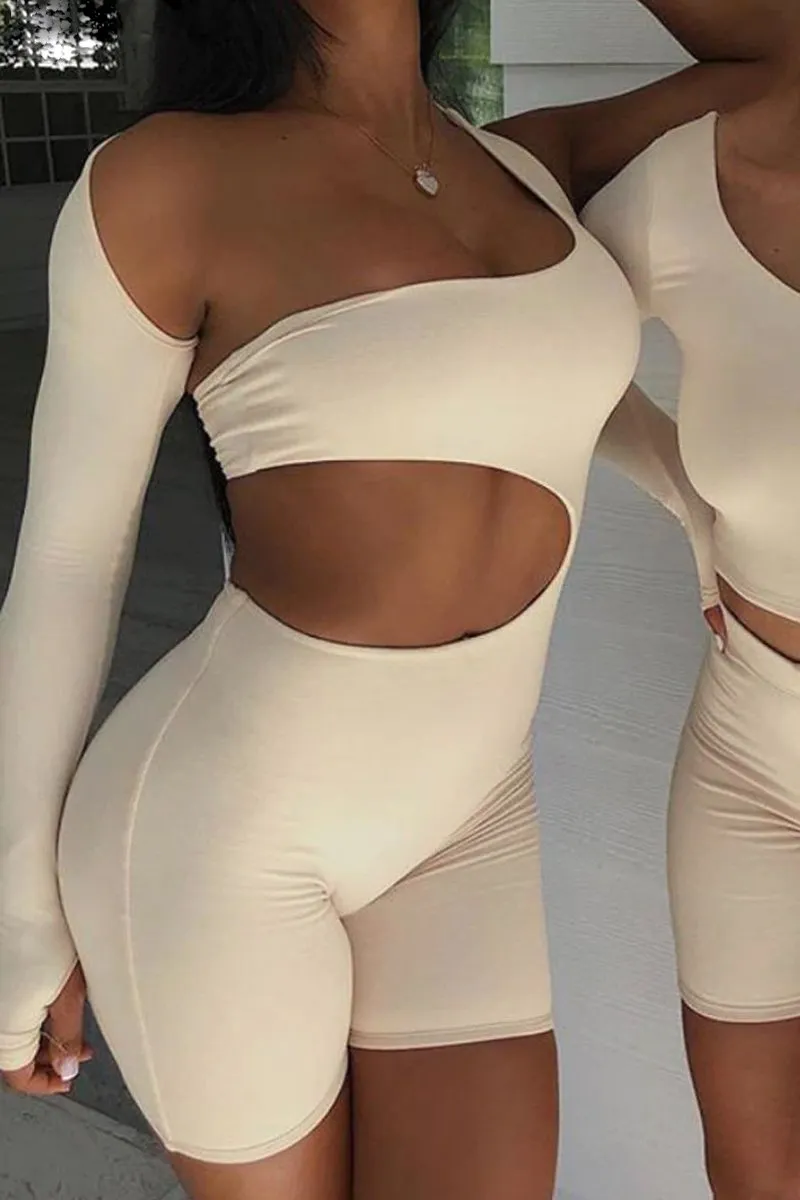 Beige Cut Out One Sleeve Playsuit - River sold by Rebellious Fashion