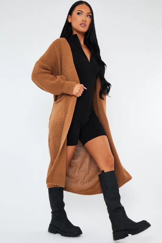 Camel Longline Relaxed Fit Front Pockets Cardigan - Leah sold by Rebellious Fashion