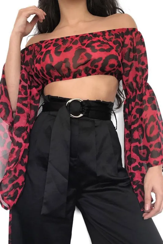 Red Leopard Print Flared Sleeves Sheer Crop Top - Jordan sold by Rebellious Fashion