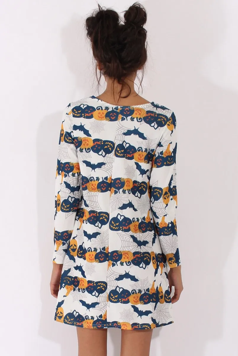 White Halloween Pumpkin & Bats Swing Dress - Sabrina sold by Rebellious Fashion product image thumbnail 3