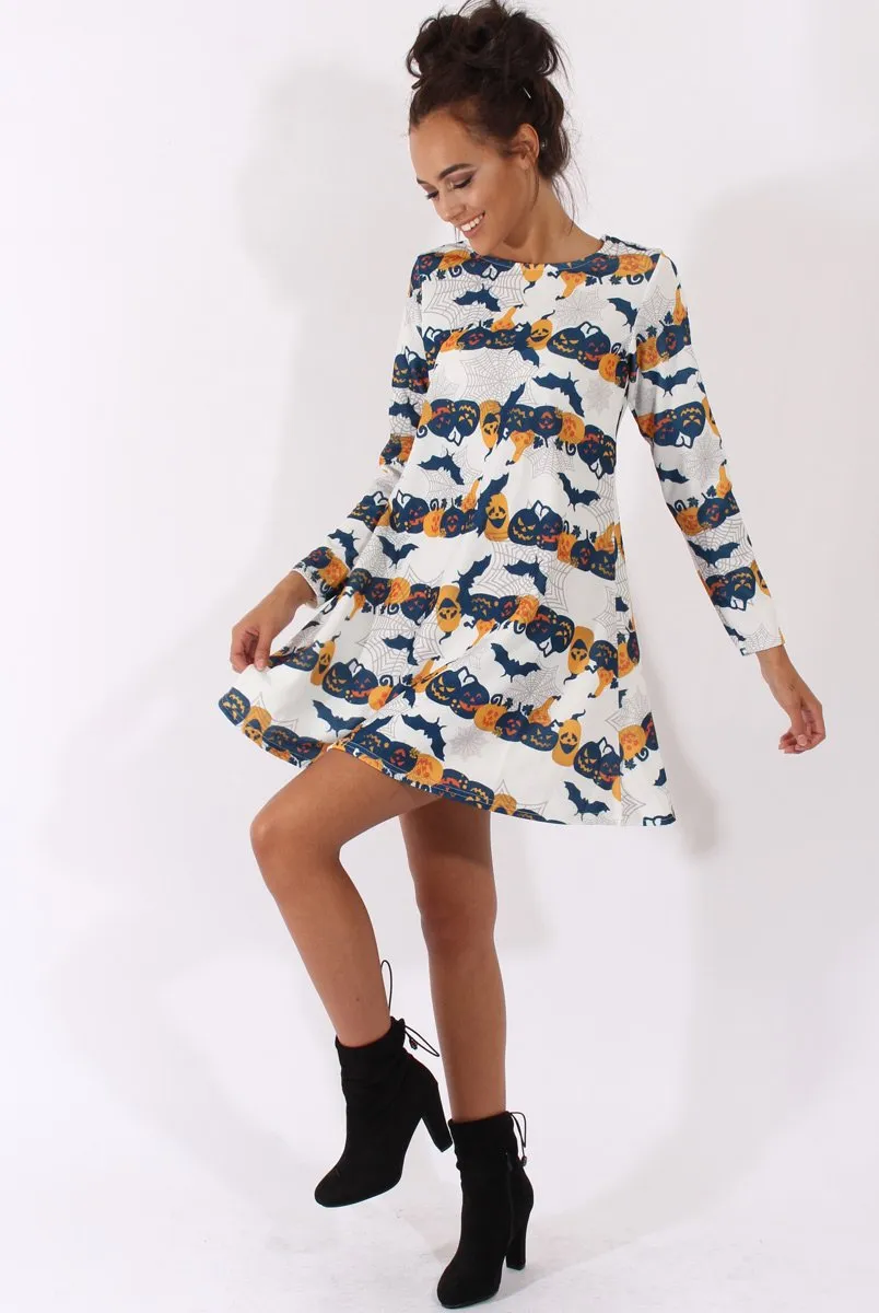 White Halloween Pumpkin & Bats Swing Dress - Sabrina sold by Rebellious Fashion product image thumbnail 2
