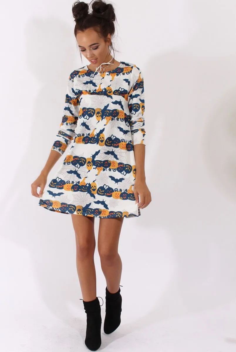White Halloween Pumpkin & Bats Swing Dress - Sabrina sold by Rebellious Fashion product image thumbnail 4