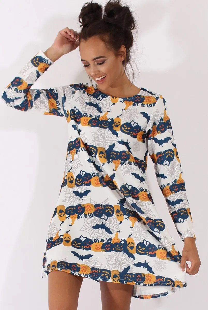 White Halloween Pumpkin & Bats Swing Dress - Sabrina sold by Rebellious Fashion