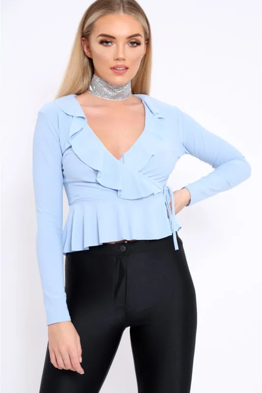 Powder Blue Plunge Frill Wrap Tie Front Top - Rebecca sold by Rebellious Fashion