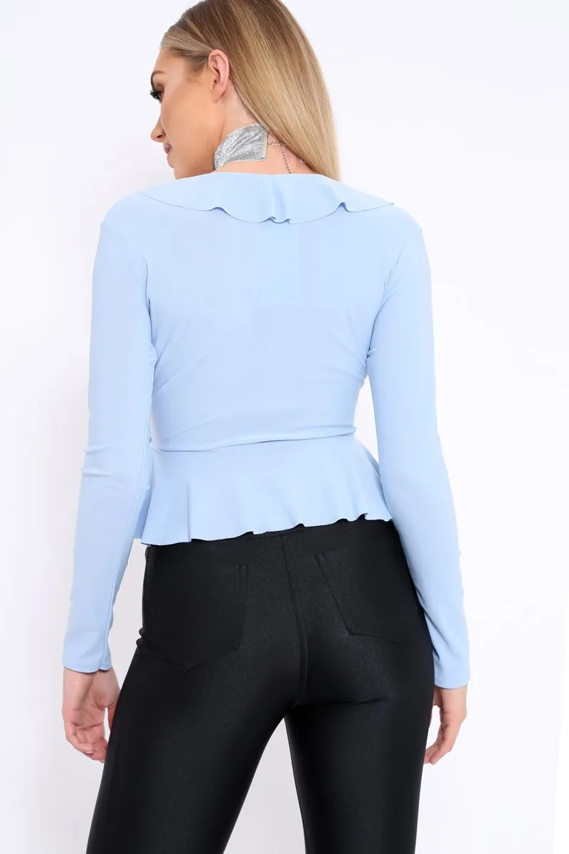 Powder Blue Plunge Frill Wrap Tie Front Top - Rebecca sold by Rebellious Fashion product image thumbnail 4