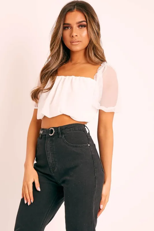 White Mesh Puffball Crop Top - Taja made by Rebellious Fashion