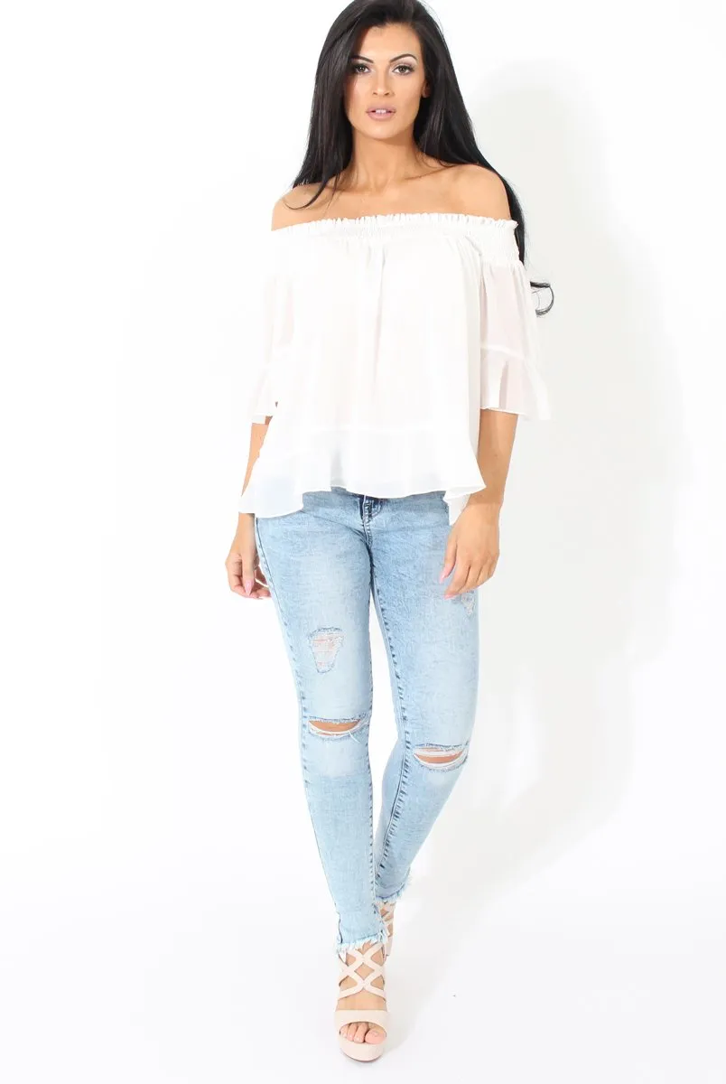 White Bardot Frill Sleeve Top- Becka sold by Rebellious Fashion