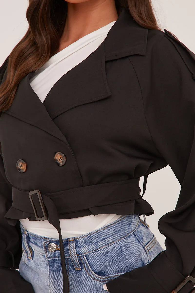 Black Cropped Belted Trench Coat - Naomi sold by Rebellious Fashion product image thumbnail 3