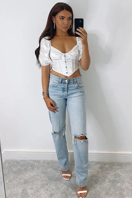 White Satin Puff Sleeve Corset Crop Top - Zafena sold by Rebellious Fashion