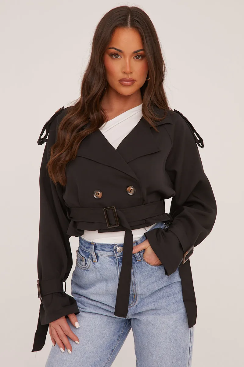 Black Cropped Belted Trench Coat - Naomi sold by Rebellious Fashion