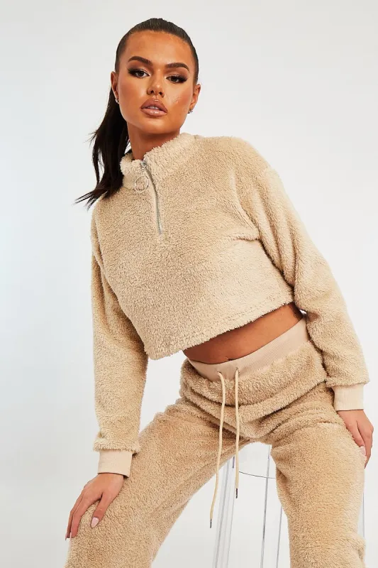 Stone Cropped Zip Front Teddy Jumper - Brady sold by Rebellious Fashion