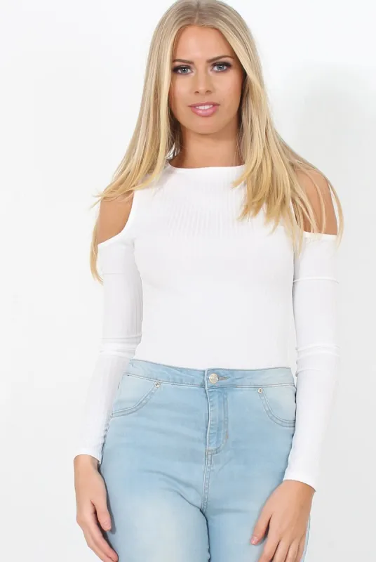 White Ribbed Cold Shoulder Bodysuit - Gigi sold by Rebellious Fashion
