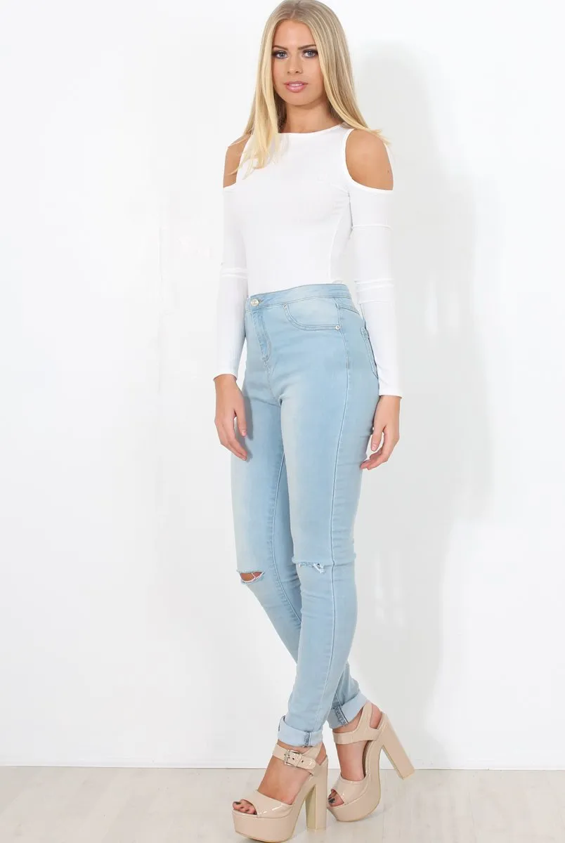 White Ribbed Cold Shoulder Bodysuit - Gigi sold by Rebellious Fashion product image thumbnail 5