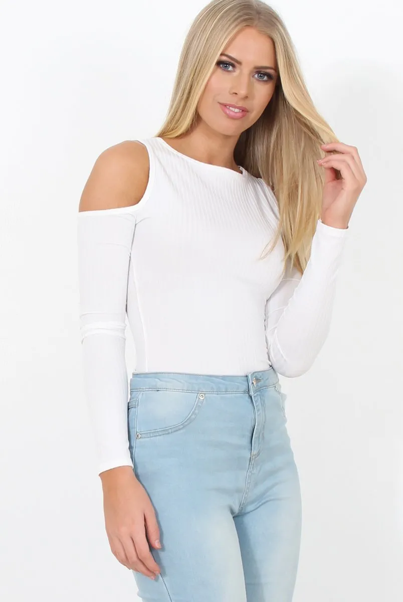White Ribbed Cold Shoulder Bodysuit - Gigi sold by Rebellious Fashion product image thumbnail 3