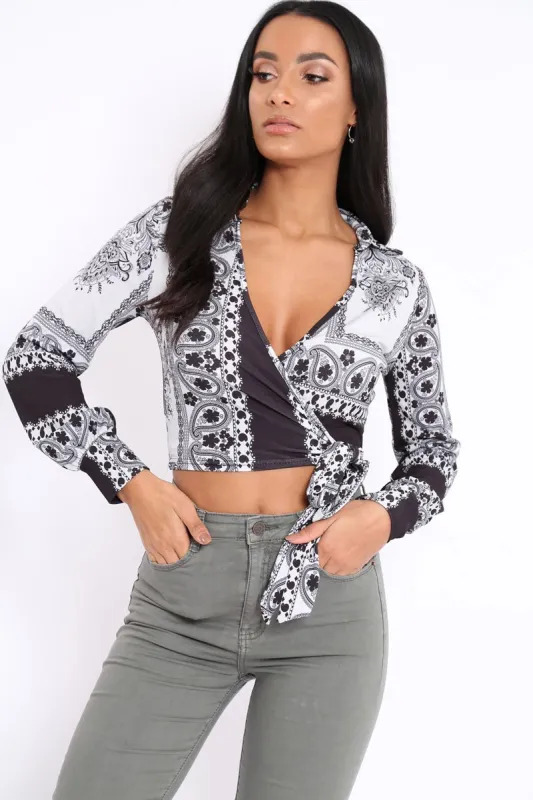 White and Black Slinky Wrap Tie Crop Top - Bleu sold by Rebellious Fashion