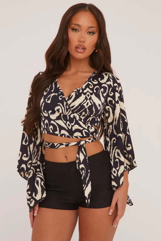 Black Abstract Print Wrap Over Cropped Top - Lily made by Rebellious Fashion