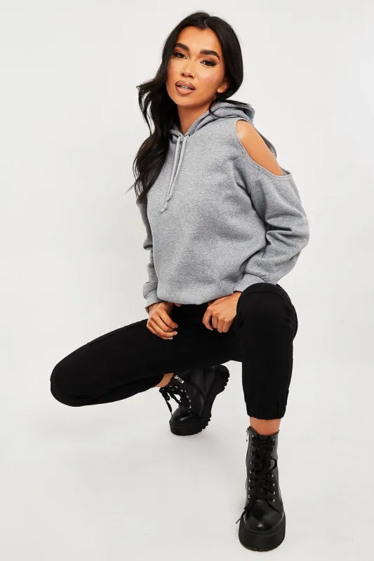 Grey Cut Out Shoulder Hoodie - Harlow made by Rebellious Fashion
