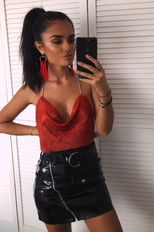 Red Cowl Neck Chainmail Top - Shirel sold by Rebellious Fashion