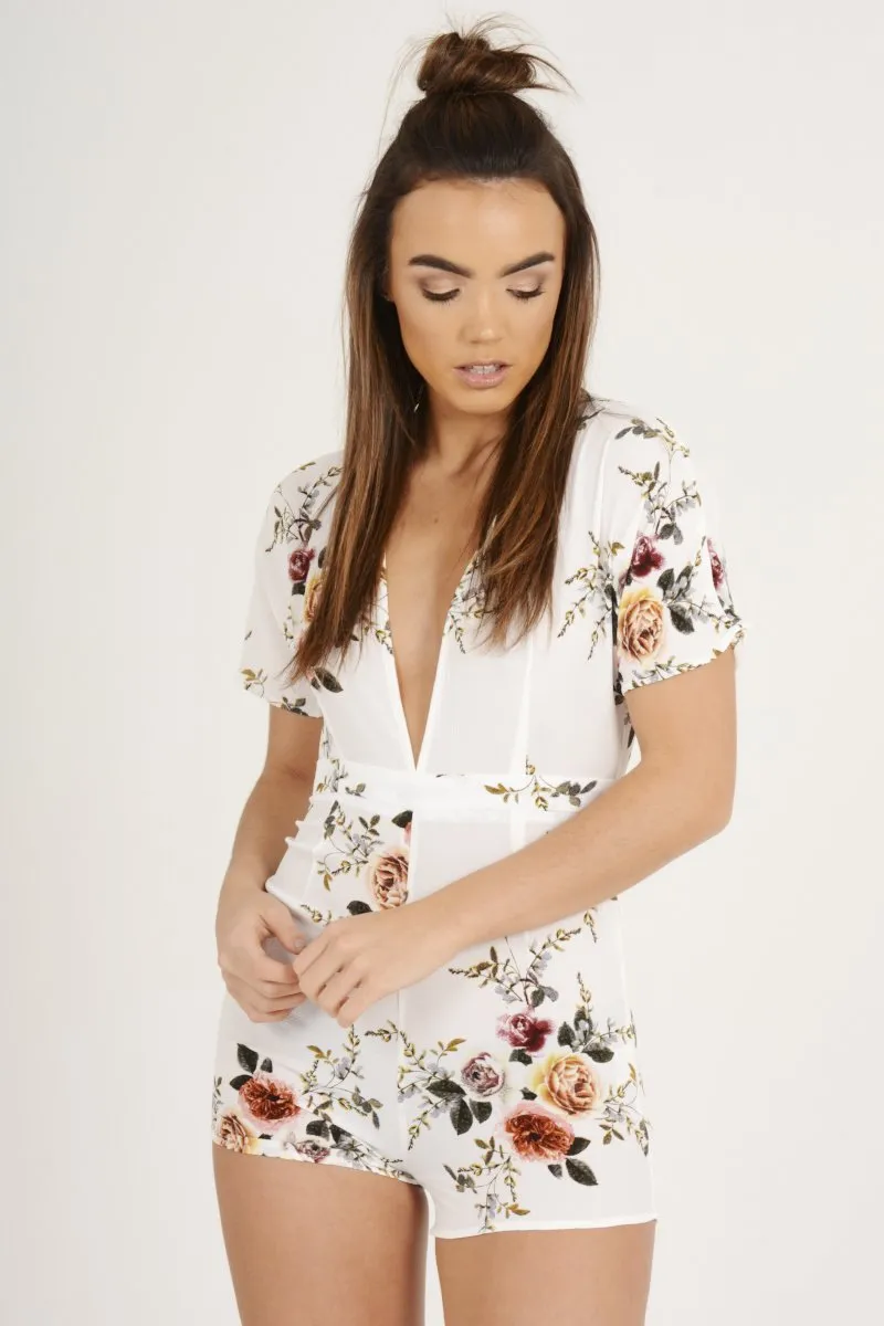 White Floral V Cut Playsuit - Dianne sold by Rebellious Fashion product image thumbnail 2
