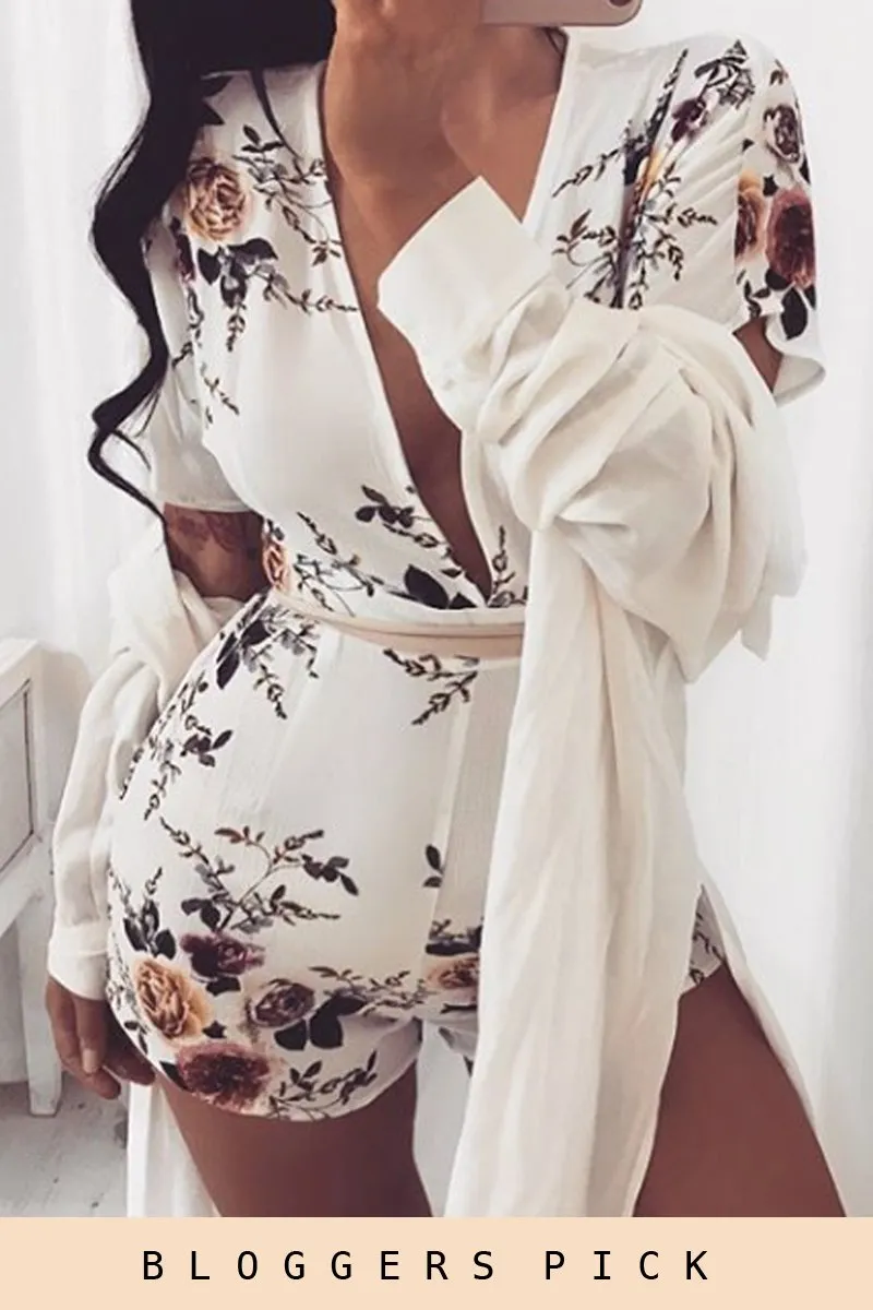White Floral V Cut Playsuit - Dianne sold by Rebellious Fashion
