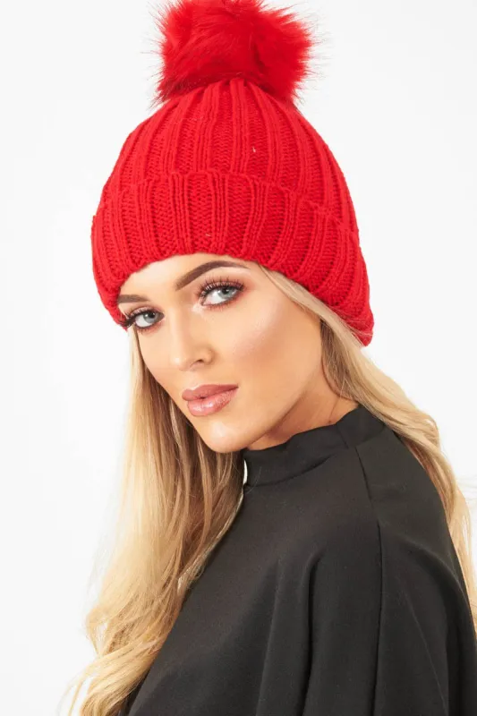 Red Knitted Bobble Hat - Rorey sold by Rebellious Fashion