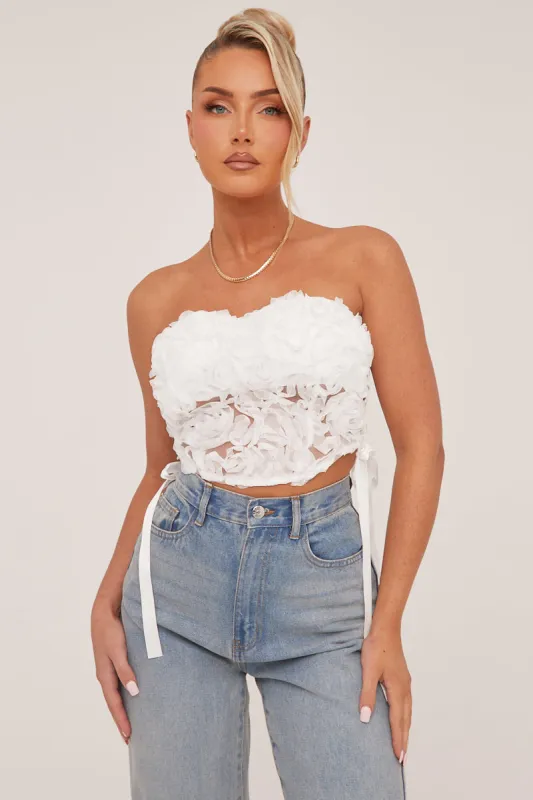 White Rosette Detail Lace Up Corset Top - Joleen sold by Rebellious Fashion