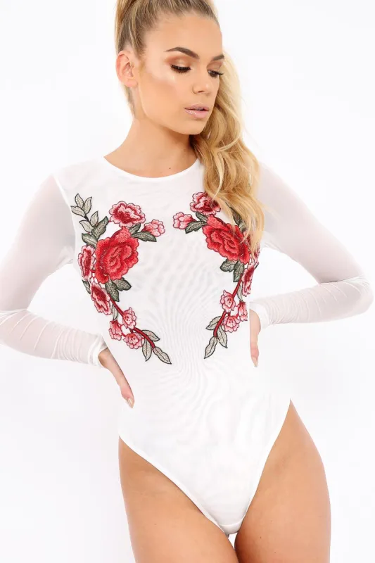White Long Sleeves Floral Mesh Bodysuit - Daphne sold by Rebellious Fashion