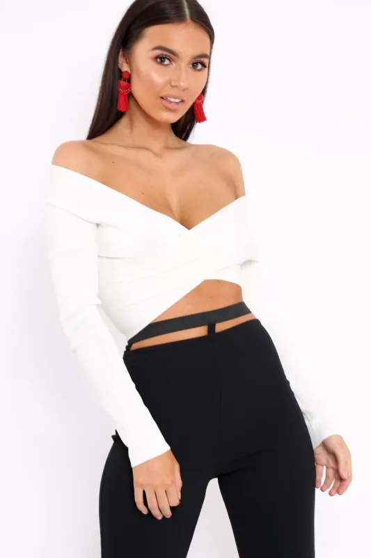 White Cross Over Front Bardot Top - Cardie sold by Rebellious Fashion