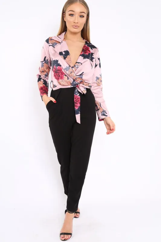 Rose Floral Plunge Satin Wrap Front Jumpsuit - Talulah sold by Rebellious Fashion