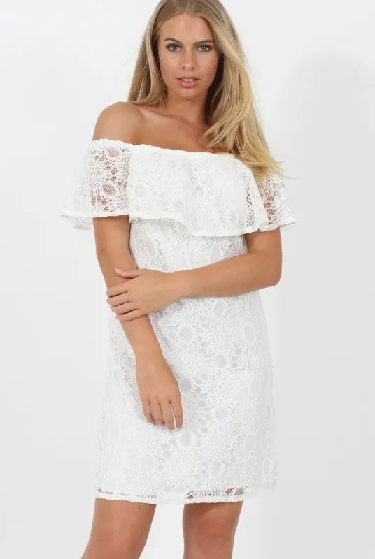 White Lace Bardot Dress - Magdalena sold by Rebellious Fashion